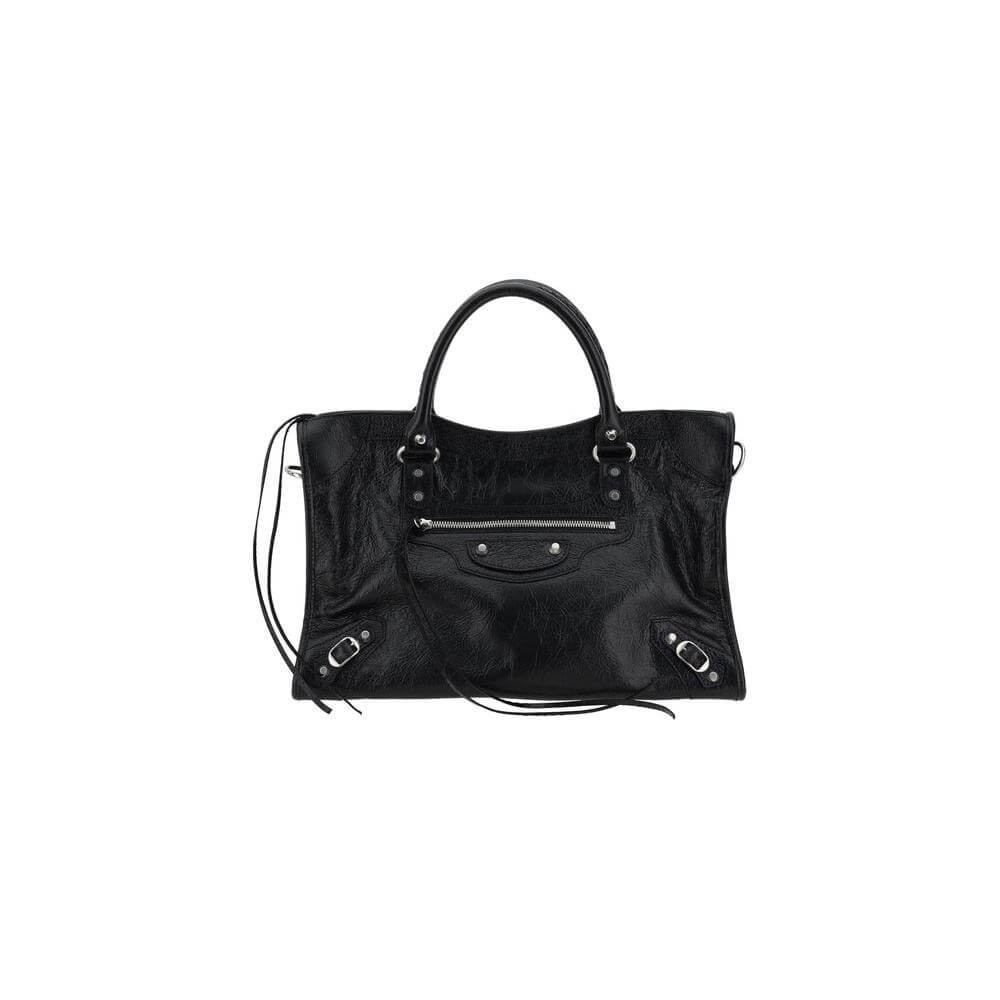 Balenciaga Le City Medium Handbag in black lambskin leather with hand-woven handles and adjustable shoulder strap.