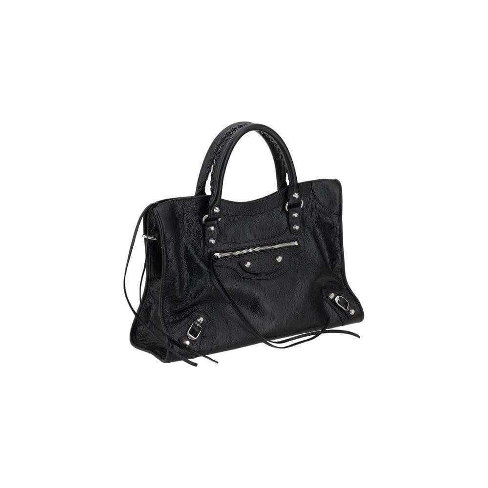Balenciaga Le City Medium Handbag in black lambskin leather with woven handles, removable strap, and zippered pocket, showcasing elegant design.