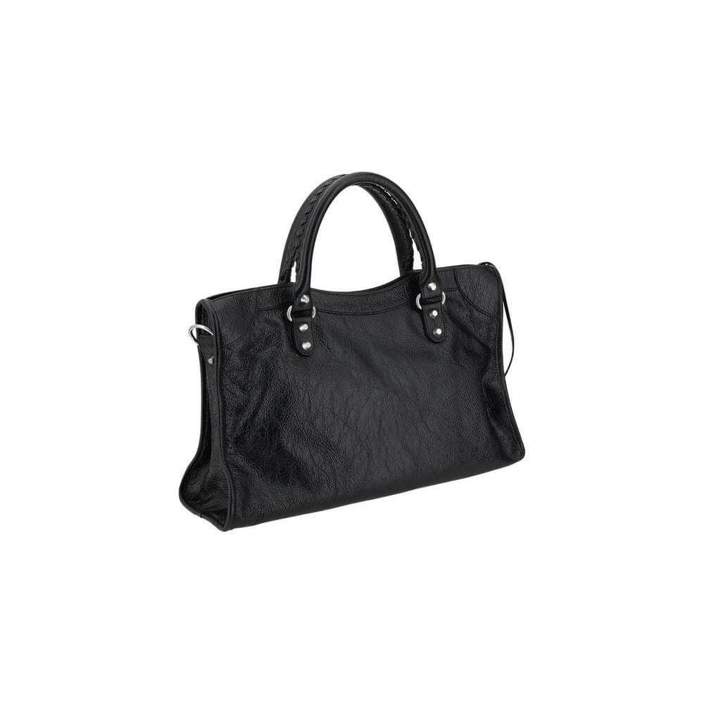 Balenciaga Le City Medium Lambskin Handbag in black, featuring woven leather handles, adjustable shoulder strap, and brass hardware.