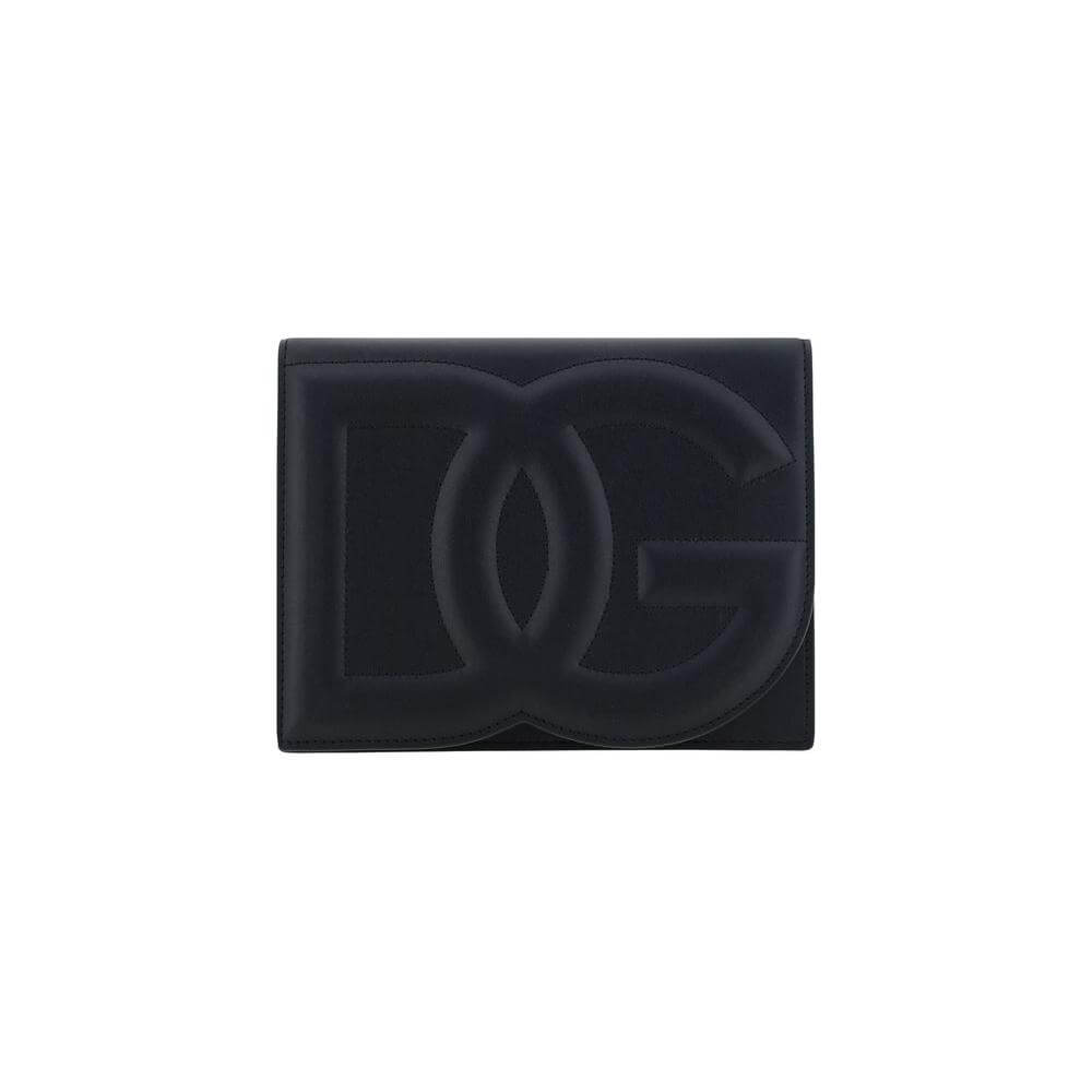 Dolce & Gabbana black calfskin shoulder bag with embossed logo and tone-on-tone stitching, featuring a magnetic flap and leather strap.