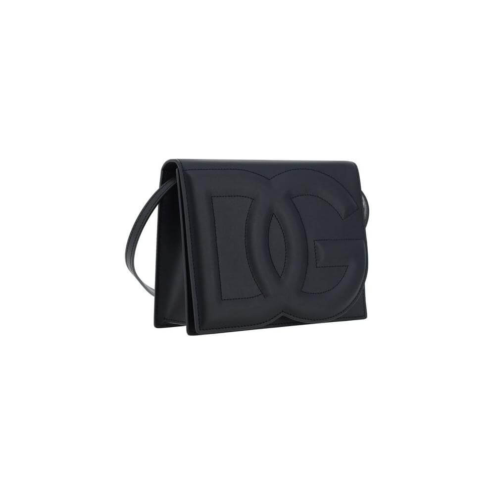 Dolce & Gabbana black calfskin shoulder bag with maxi logo, front magnetic flap, and flat shoulder strap.