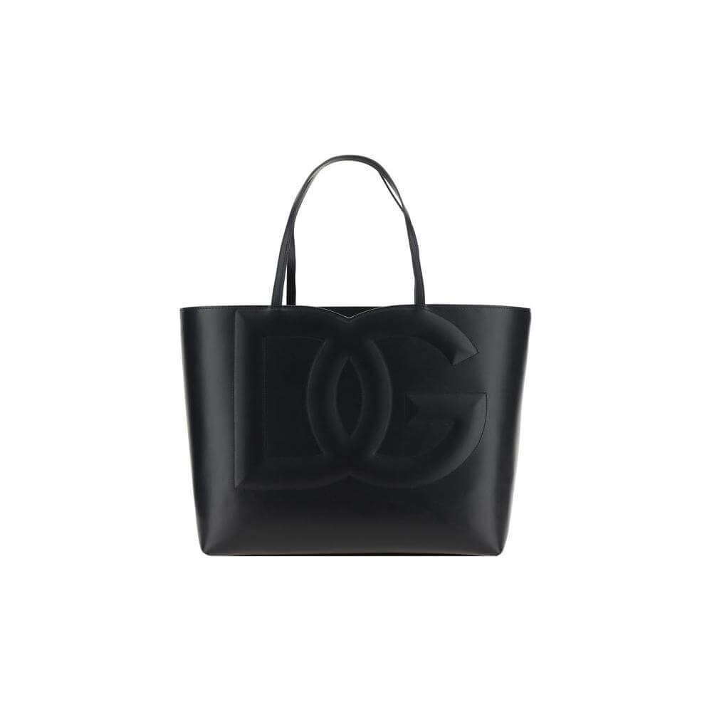 Dolce & Gabbana calfskin handbag with double handles and embossed D&G logo, featuring a magnetic closure and interior zipper pocket.