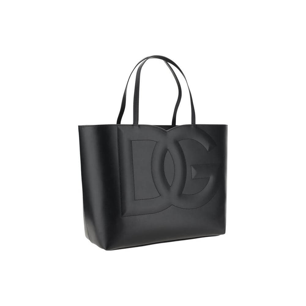 Dolce & Gabbana calfskin handbag with embossed DG logo, double top handles, and interior magnetic closure, featuring a zipper pocket.