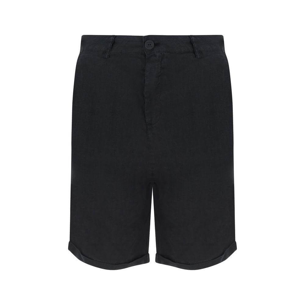 Black linen Bermuda shorts by Never Enough with button and zipper closure, drawstring waist, and pockets.