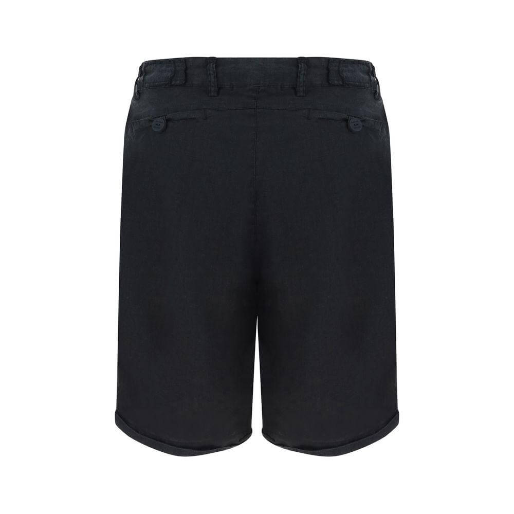 Black linen Bermuda shorts by Never Enough, featuring back welt pockets, waistband loops, and a drawstring waist for comfort and style.
