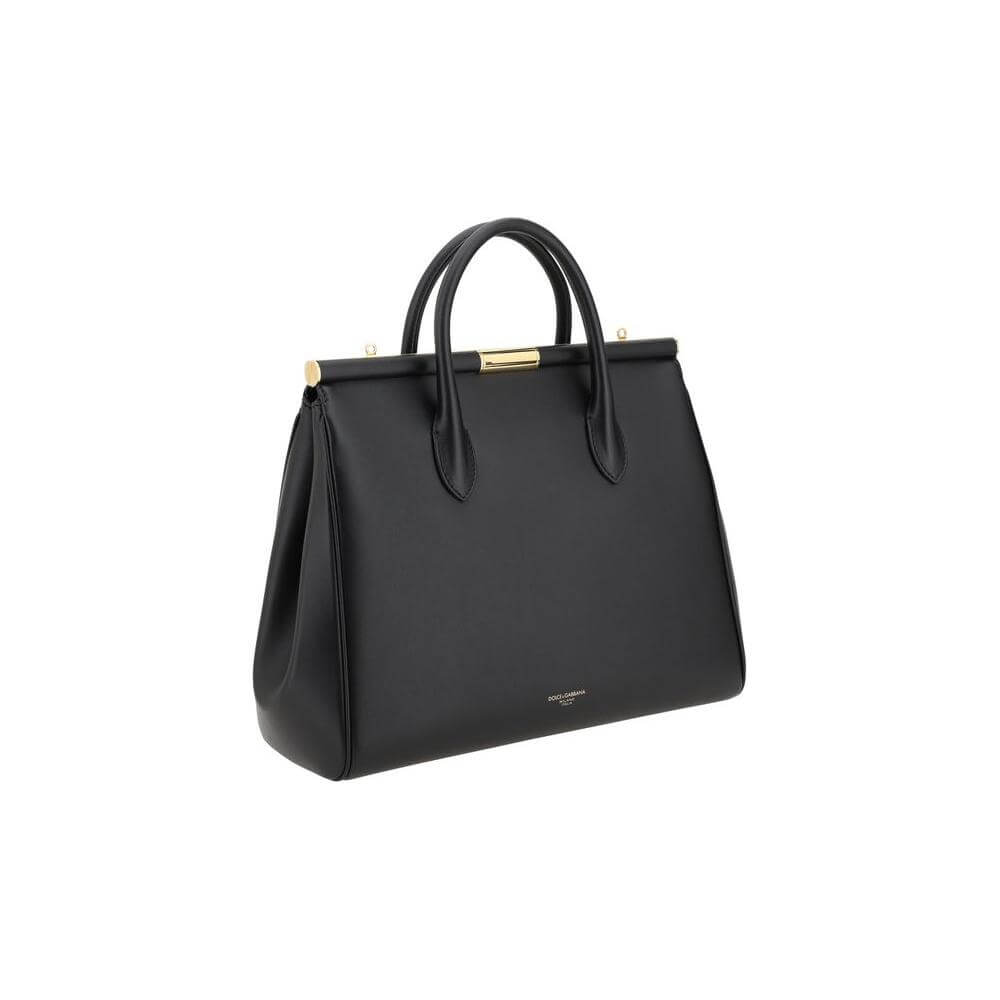 Dolce & Gabbana Marlene Handbag in black leather with tubular handles and a gold-plated swivel closure, versatile for any occasion.