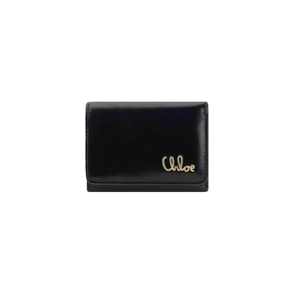 Chloé logo wallet, black trifold with dual compartments, snap closure, iconic logo on front.
