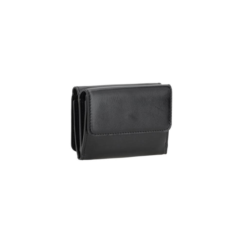 Chloé Logo Wallet, black trifold design with dual compartments and coin section, featuring front iconic brand logo and snap button closure.
