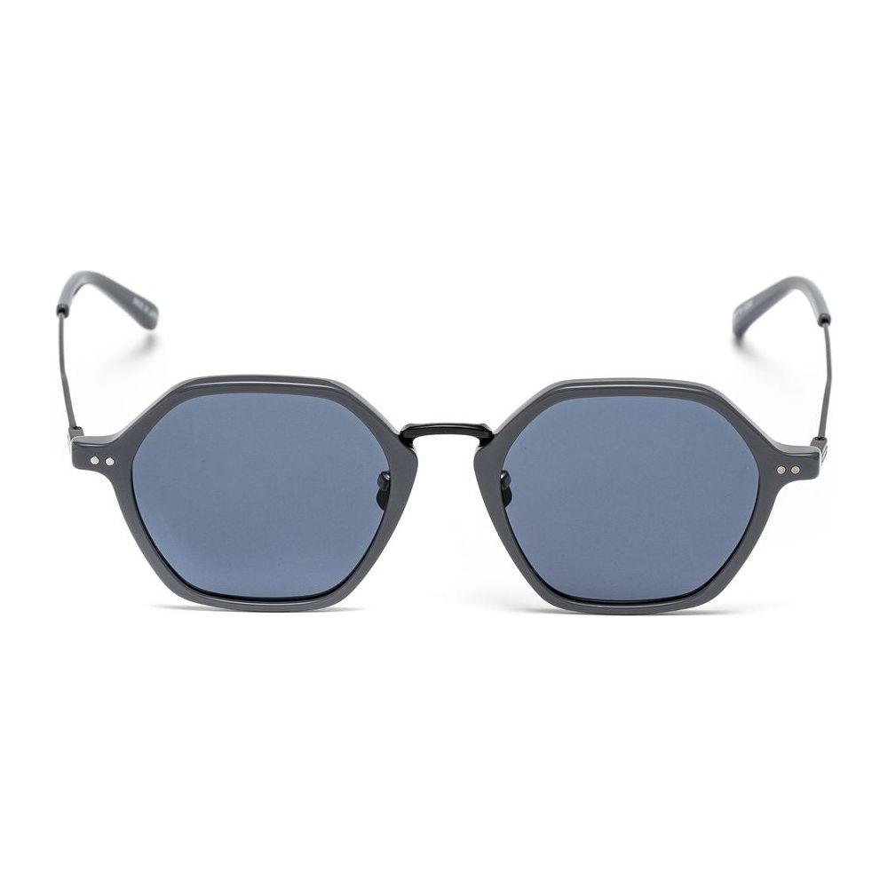 Belstaff gray unisex stainless steel sunglasses with blue lenses and hexagonal frame, handmade in Japan, with UV protection and premium materials.