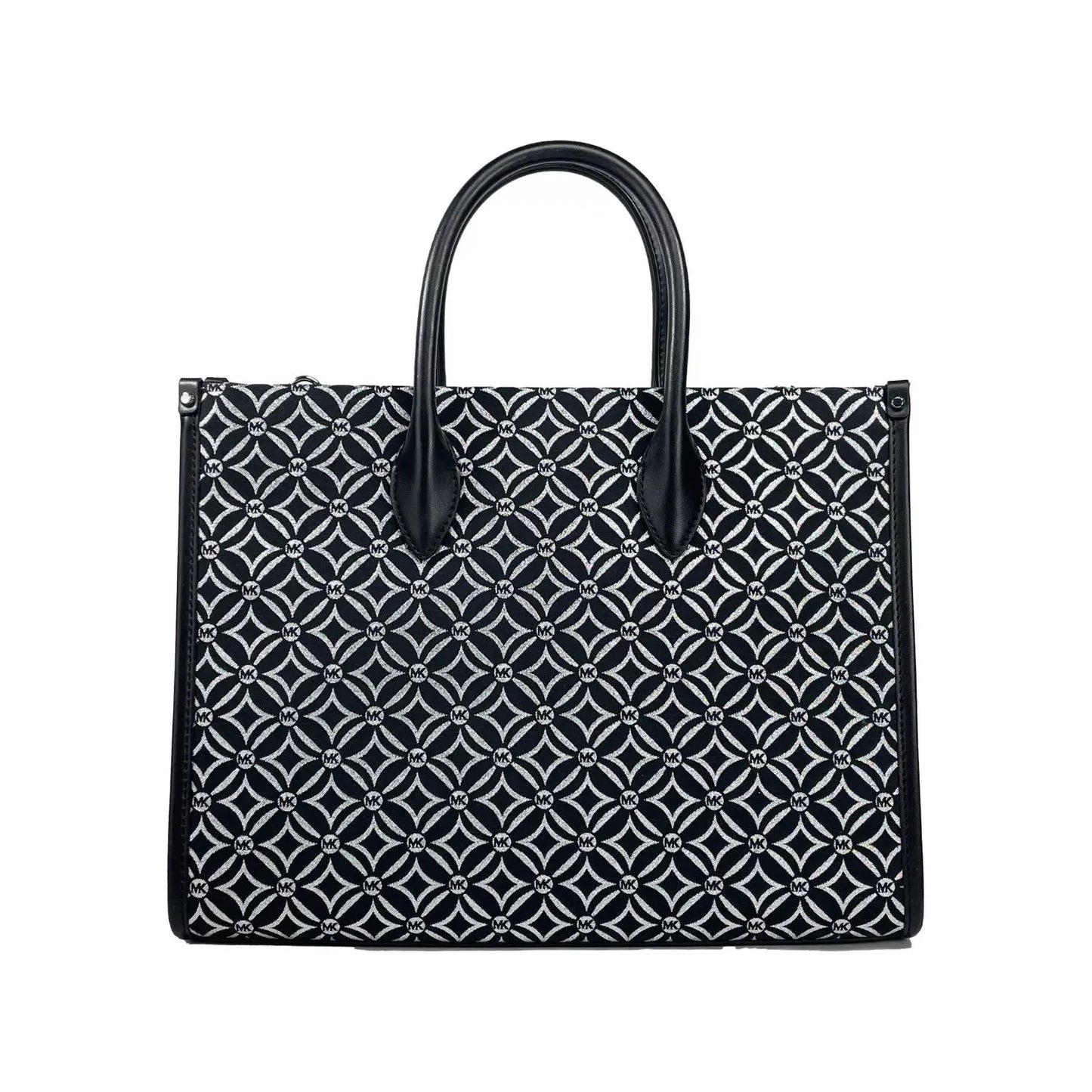 Michael Kors Mirella Medium Top Zip Crossbody Tote Bag in black leather and jacquard design with adjustable strap and zip closure.