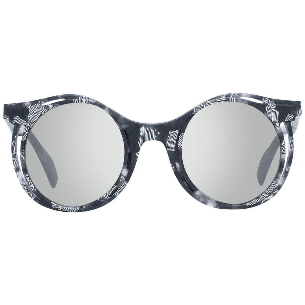 Yohji Yamamoto gray round men's sunglasses with mirrored lenses, full-rim plastic frame, UVA/UVB protection, size 47-25-145.