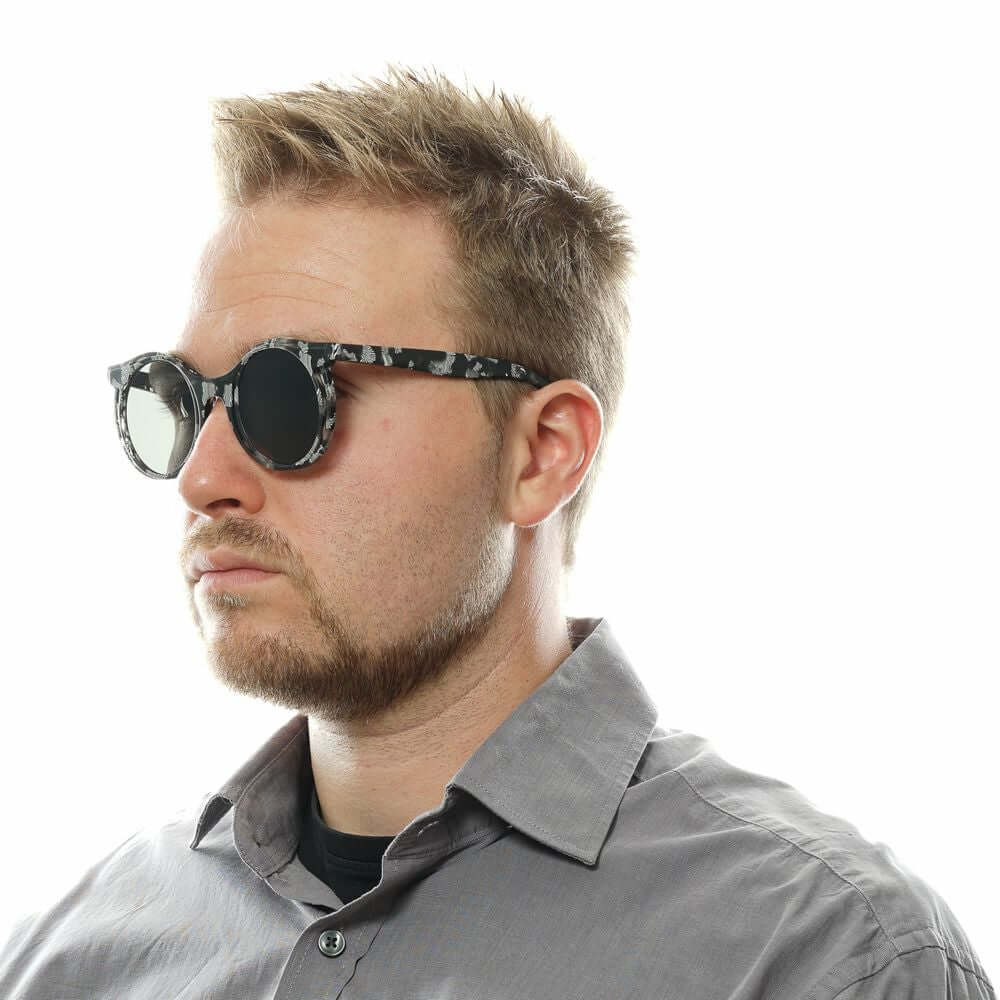 Yohji Yamamoto men's gray sunglasses in full-rim round style with mirrored lenses, plastic frame; offers 100% UVA & UVB protection.