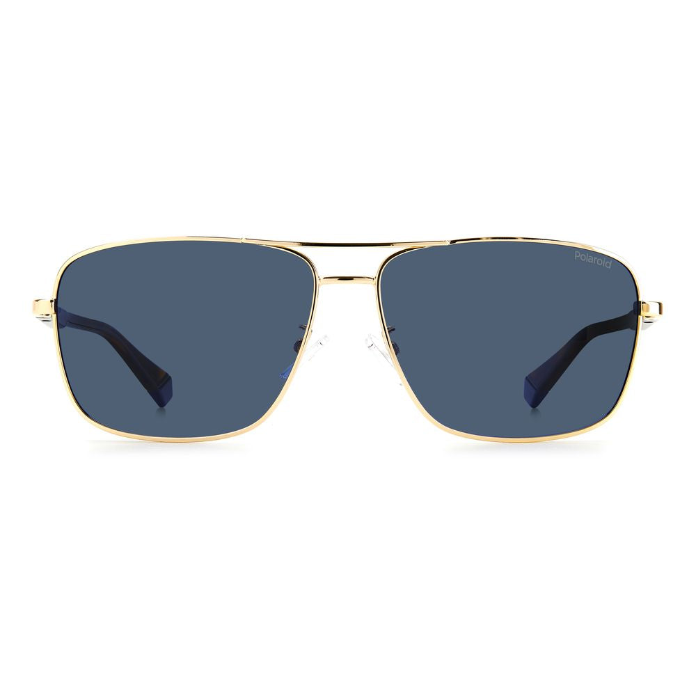 Front view of Polaroid Gold Metal Sunglasses with blue polarized lenses, rectangular shape, and UV protection. Model PLD2119GSJ5GC.