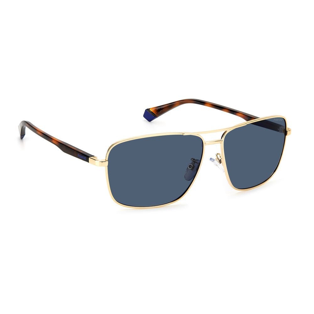 Polaroid gold metal sunglasses with blue polarized lenses and tortoiseshell temples, offering UV protection and stylish design.