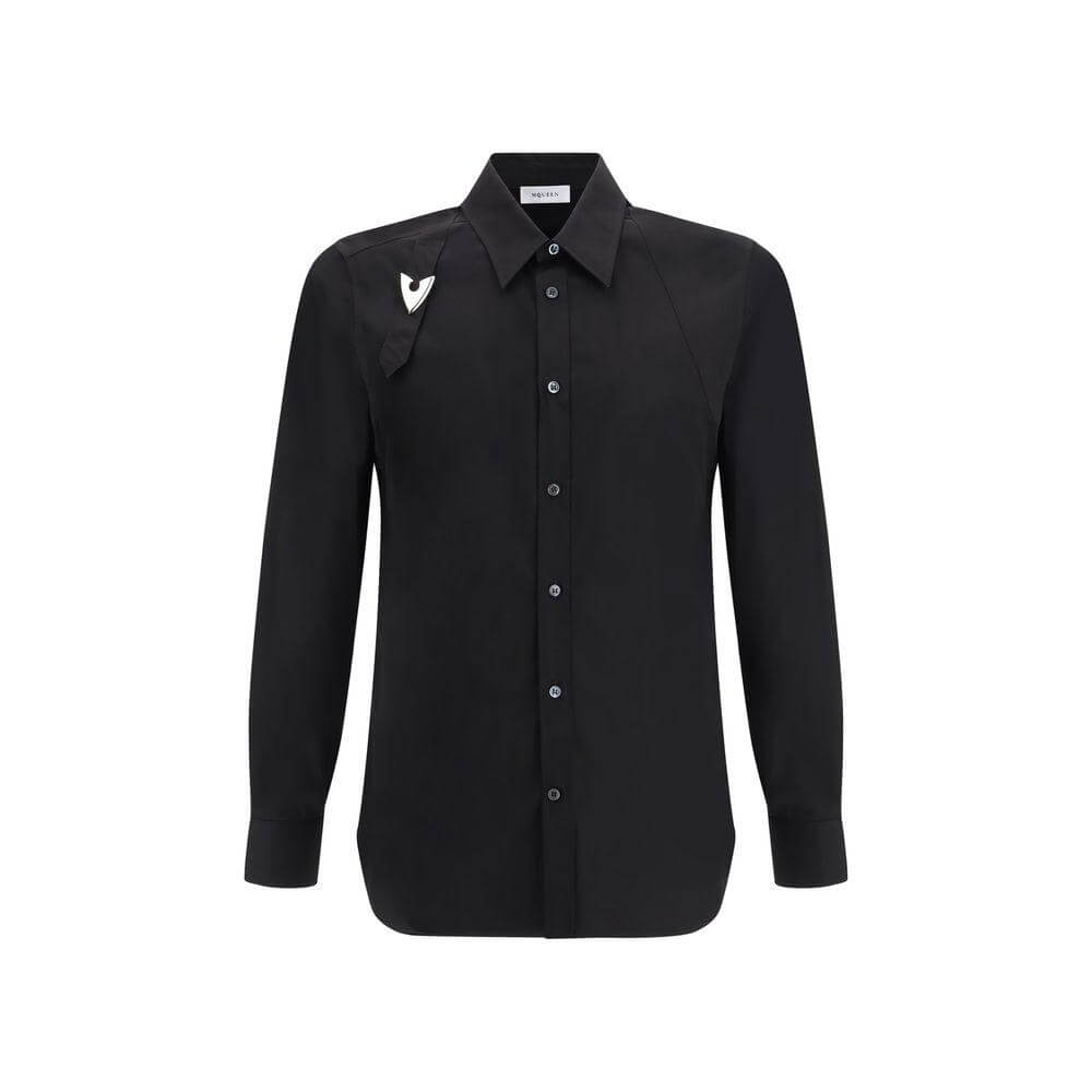 Alexander McQueen black buckle shirt with classic collar, logoed strap detail, and button closure for modern elegance and originality.