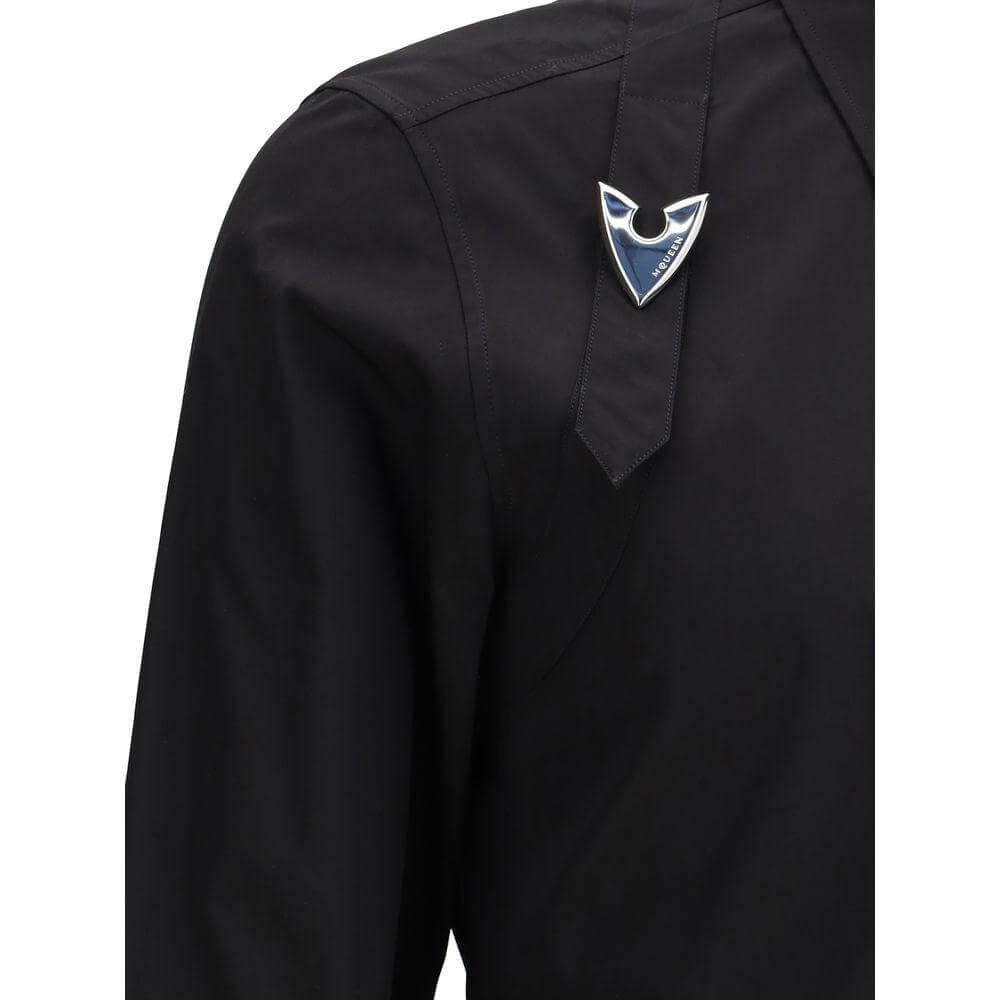 Alexander McQueen Buckle Shirt in black, featuring a distinctive logoed strap detail with a classic collar and button closure.