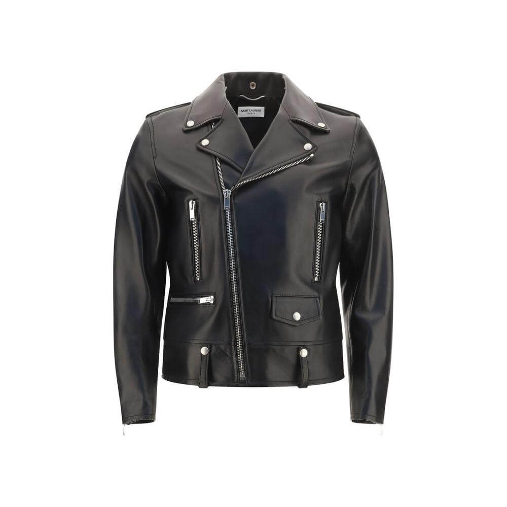 Saint Laurent lambskin leather jacket with asymmetrical zipper, buttoned lapels, and metal details, featuring front zipper pockets.