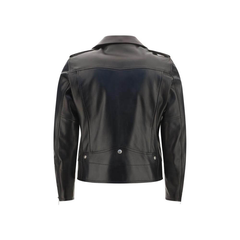 Back view of Saint Laurent lambskin leather jacket with buttoned lapels, metal details, and asymmetrical zipper closure.