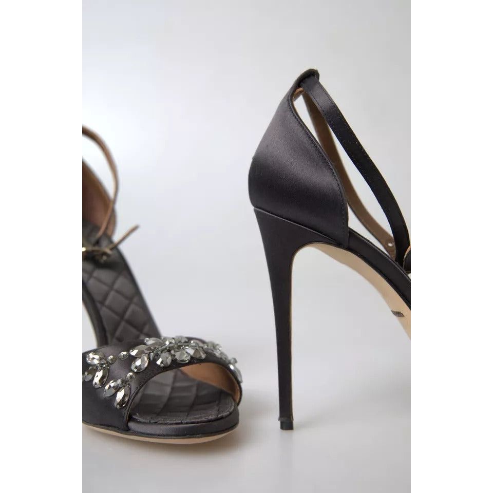 Dolce & Gabbana Gray Satin Ankle Strap Crystal Sandals Shoes LA10371-37