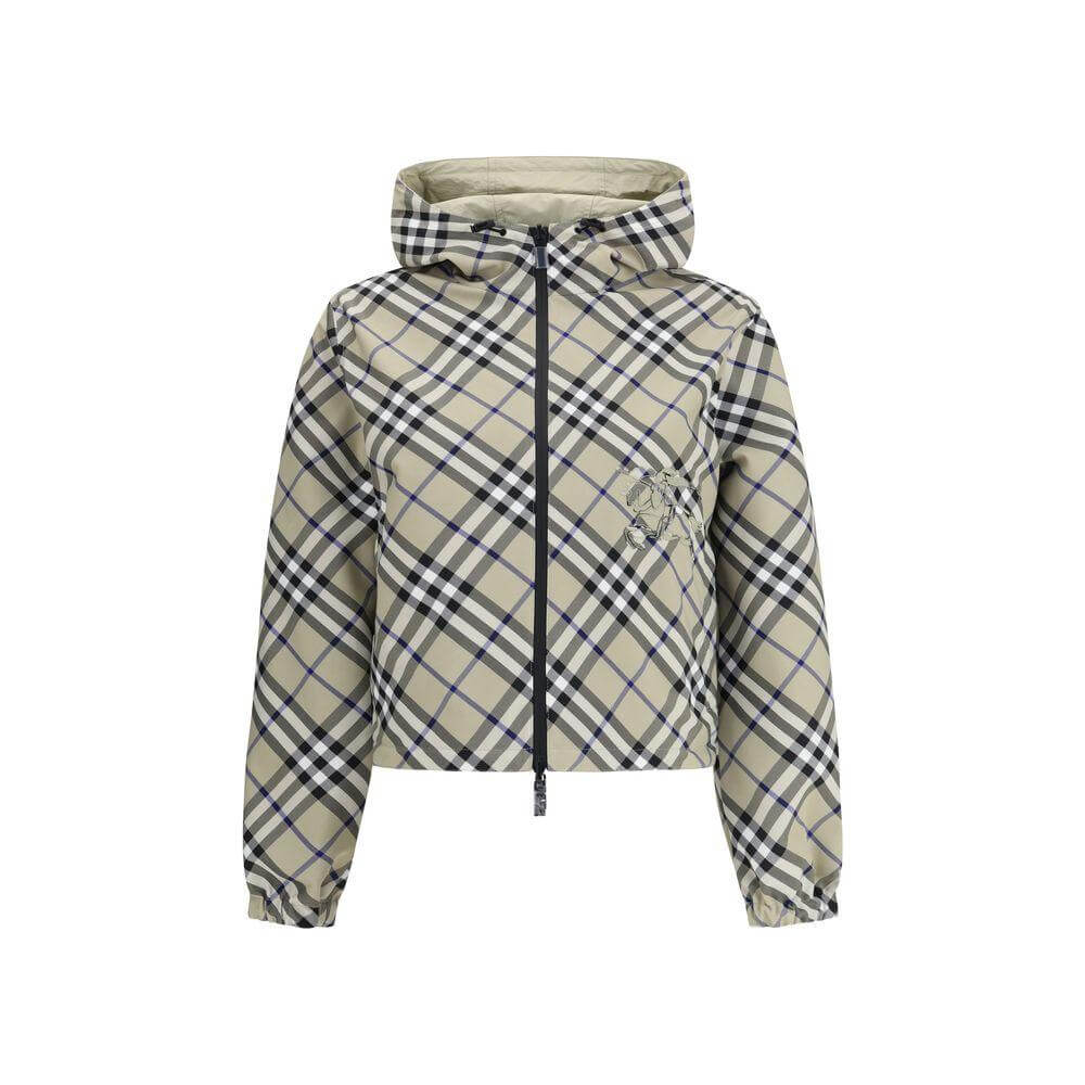 Burberry reversible jacket featuring a Check Archivio pattern with adjustable drawstring hood, zipper closure, and elasticized cuffs.