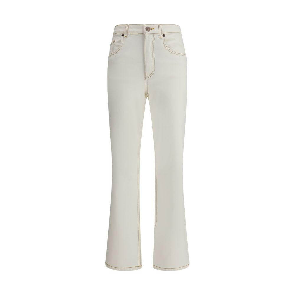 Tory Burch cropped flare jeans with classic five-pocket style and button closure, elegant and comfortable for casual occasions.