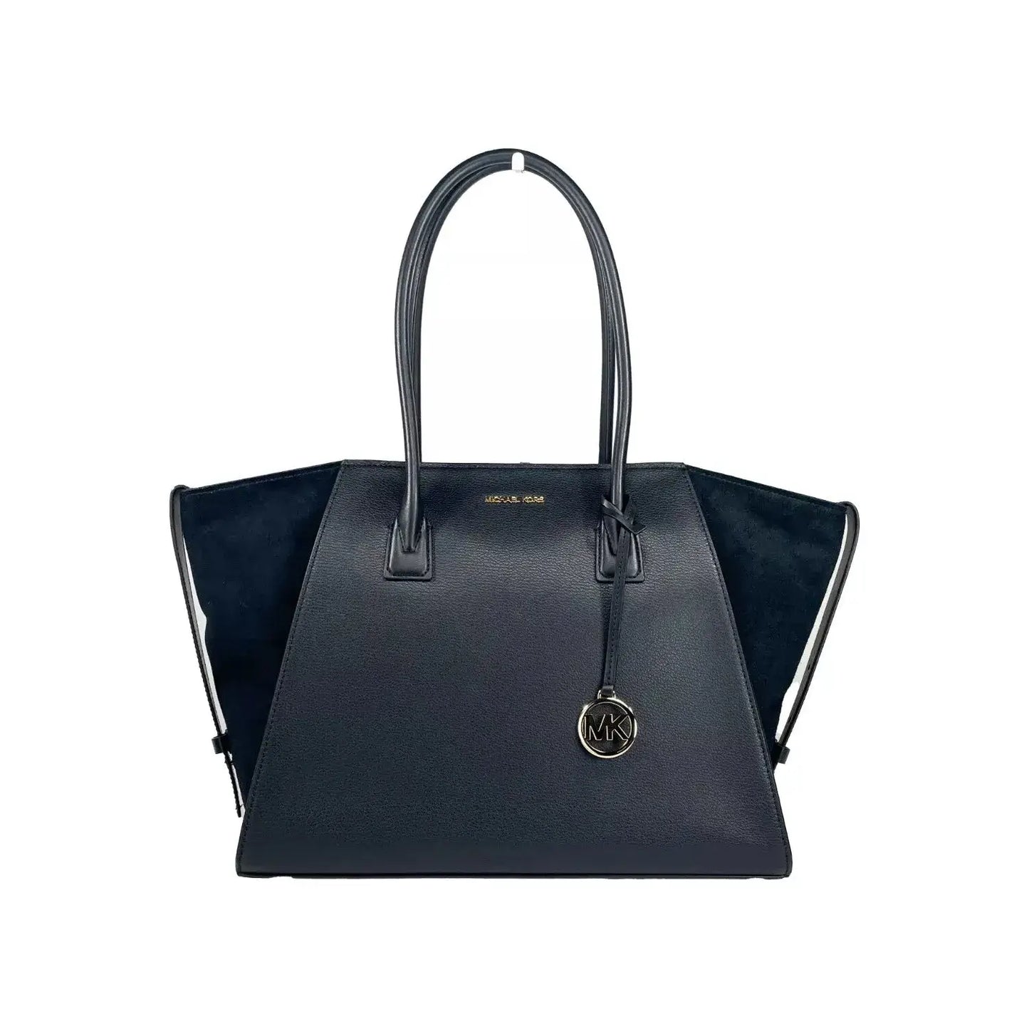 Michael Kors Avril XL suede leather satchel in black with gold MK charm and top zip, featuring slip pockets and elegant design.