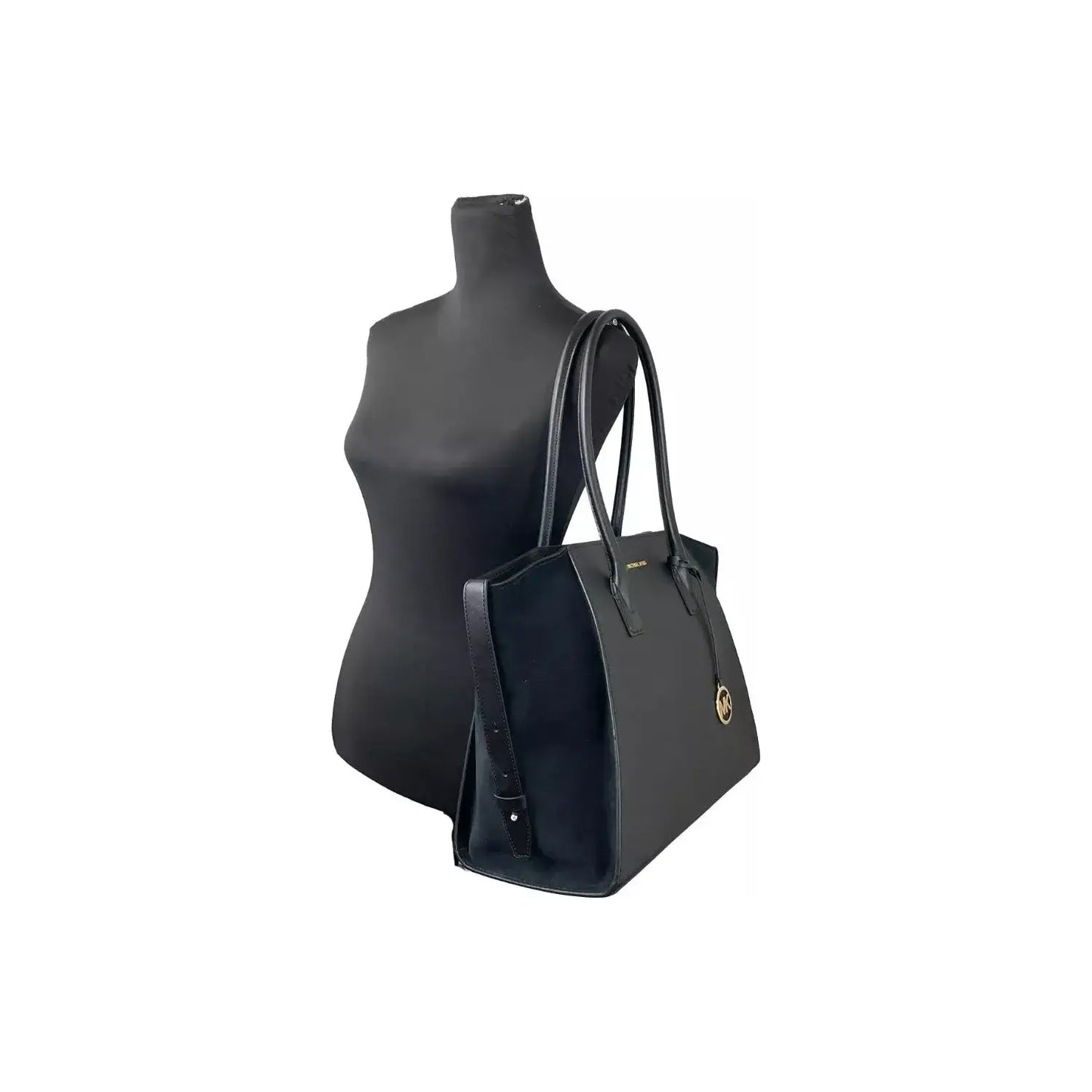 Michael Kors Avril XL Black Leather/Suede Satchel with Gold MK Charm on Mannequin