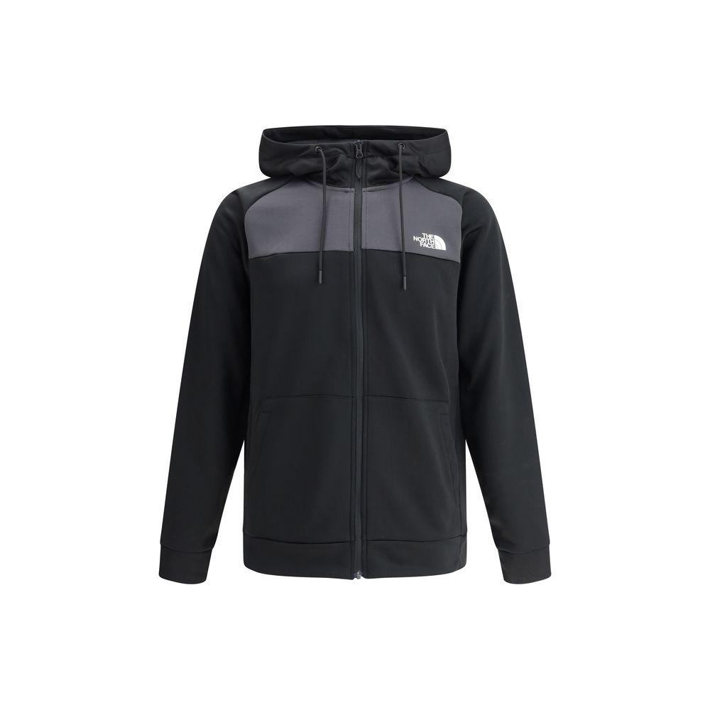 The North Face Reaxion Fleece Hoodie with drawstring hood, zip closure, and brand logo on chest. Ideal for outdoor activities.