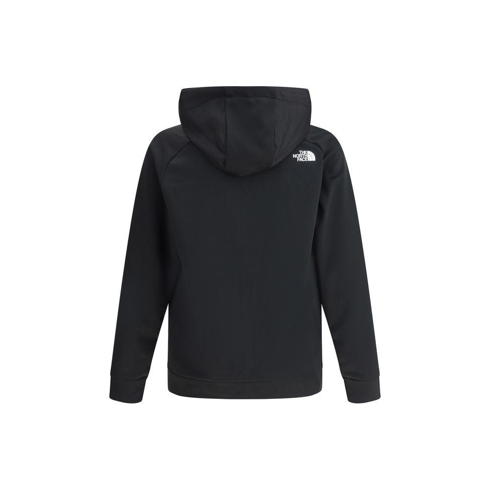 The North Face Reaxion Fleece Hoodie in black, featuring a hood and brand logo, designed for warmth and outdoor activities.