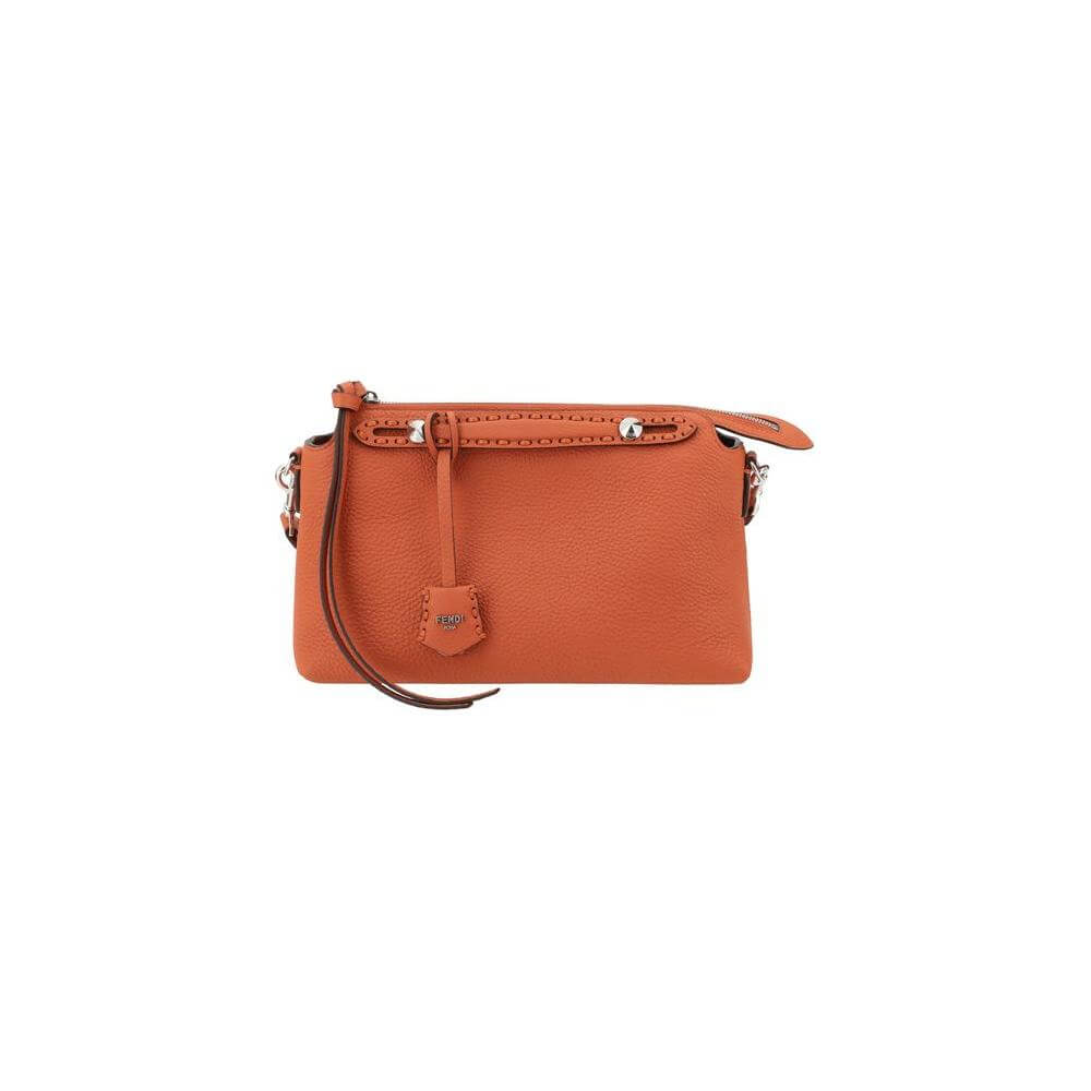 Fendi By The Way Selleria Medium Shoulder Bag in orange leather with flat handles and customizable zipper pendant.
