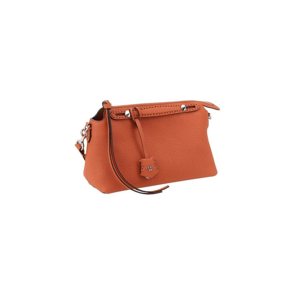 Fendi By The Way Selleria Medium Shoulder Bag in orange leather with customizable pendant, two handles, and zipper closure.