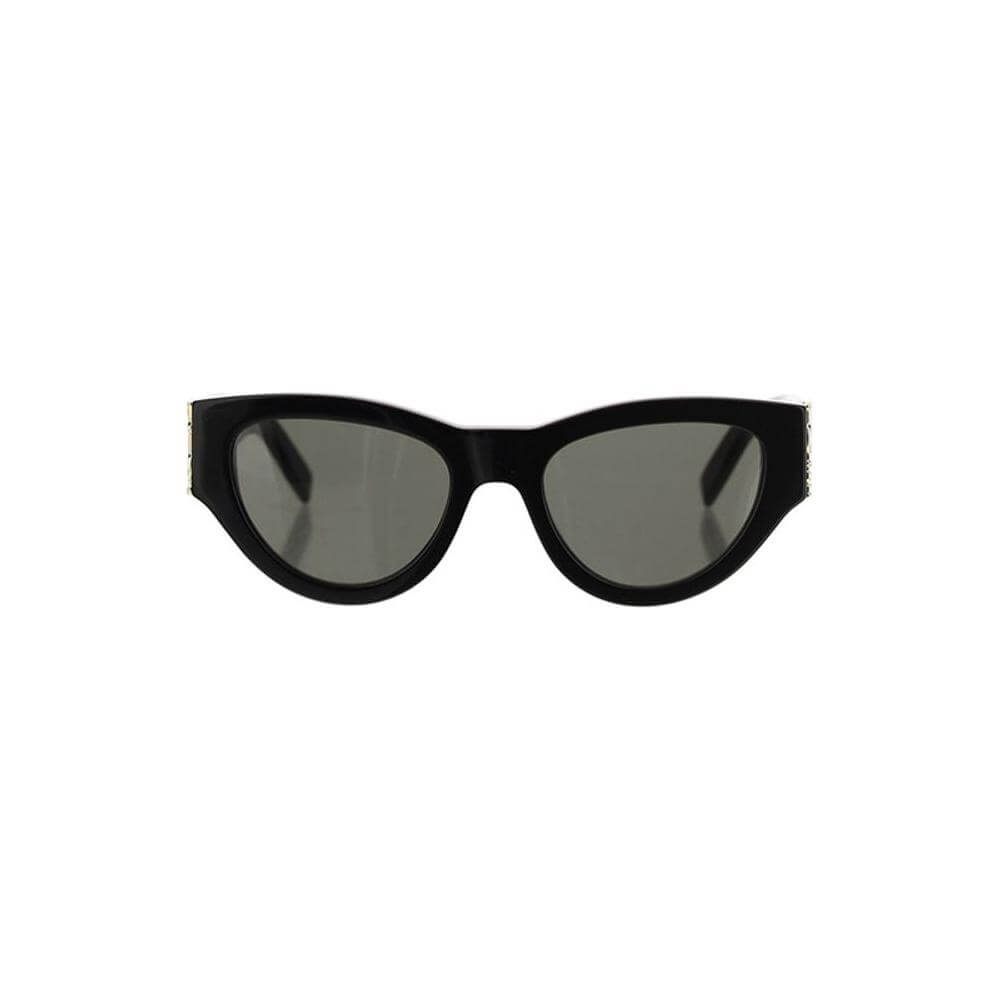 Saint Laurent Cat-Eye Sunglasses with black frames and iconic gold logo, offering vintage glamour and contemporary style.