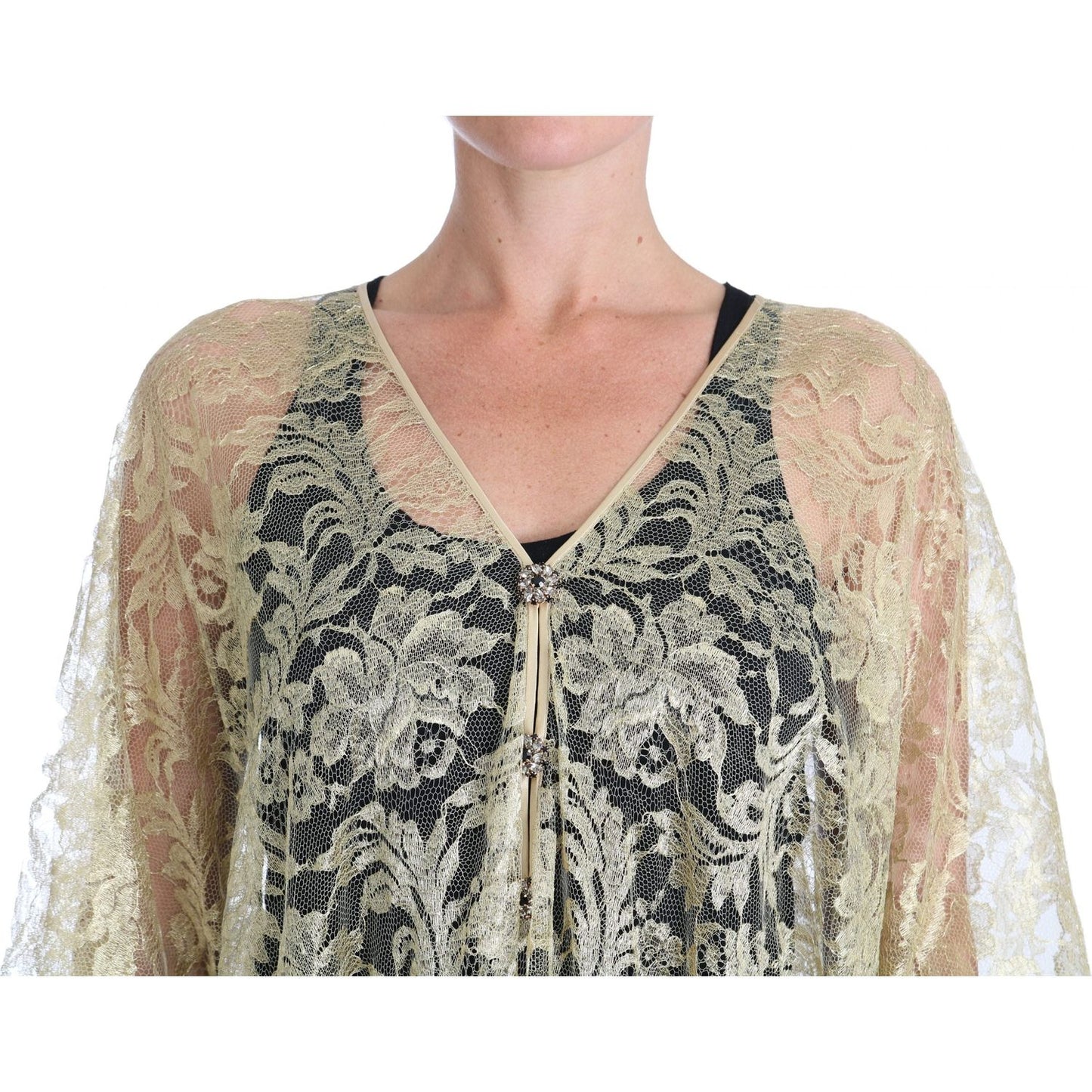 Dolce & Gabbana Gold Floral Lace Crystal Gown Cape Dress DR1524-36