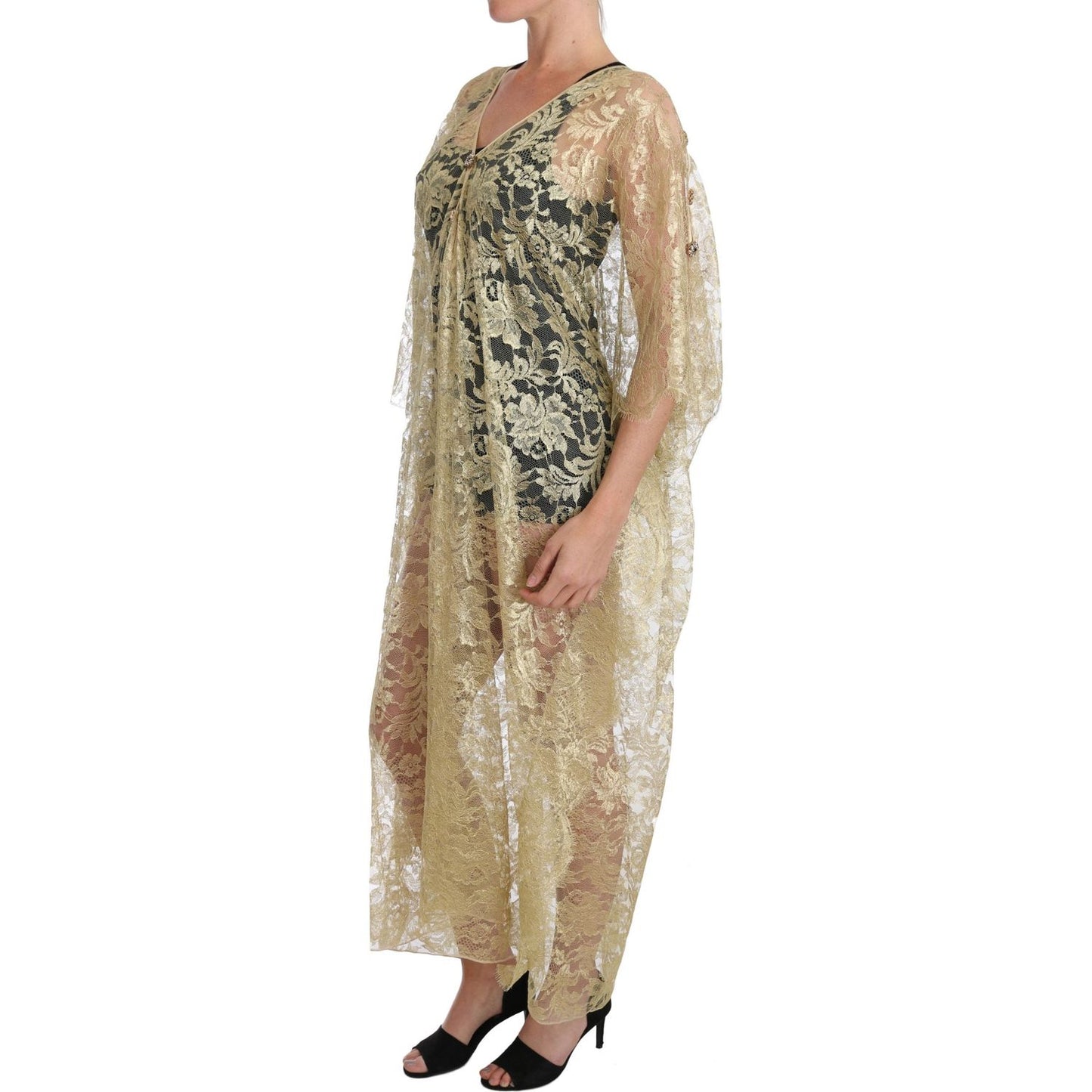 Dolce & Gabbana Gold Floral Lace Crystal Gown Cape Dress DR1524-36