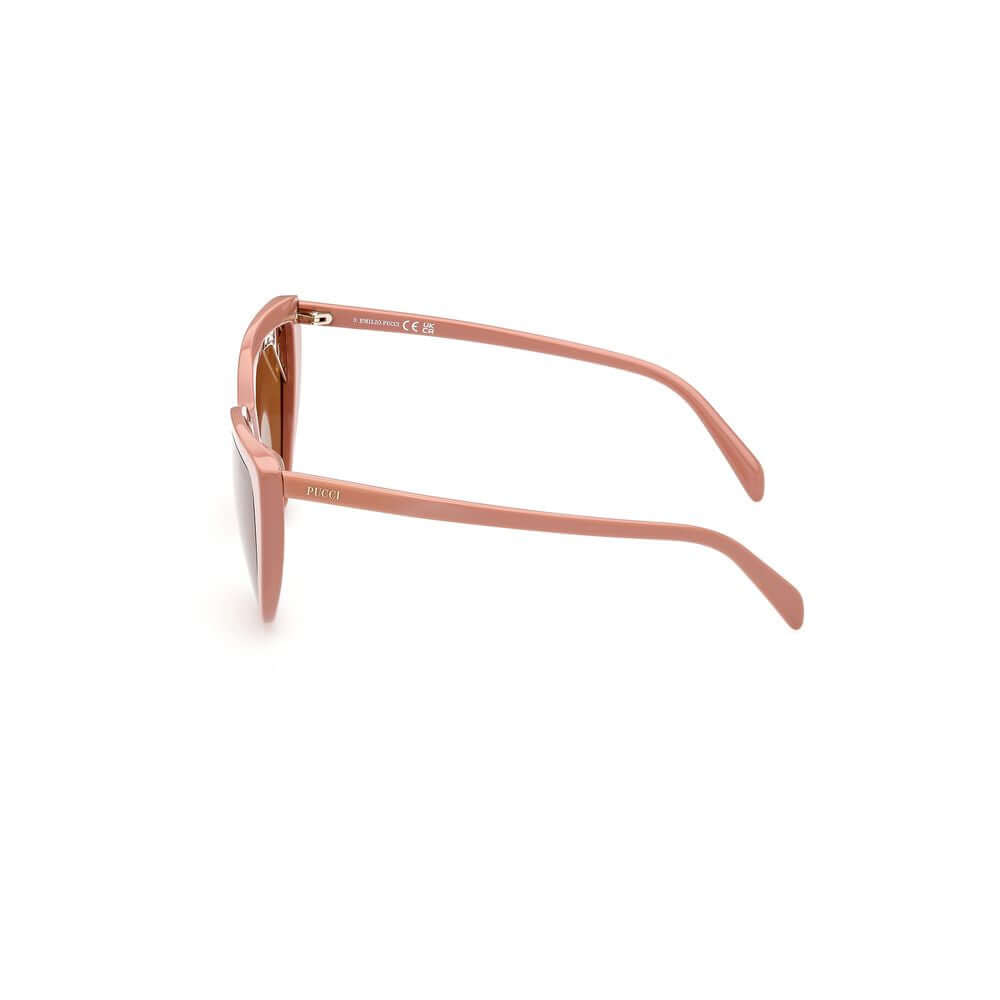 Side view of Emilio Pucci brown acetate sunglasses showing temple design, model EP0183 with 58/17/140 mm dimensions.