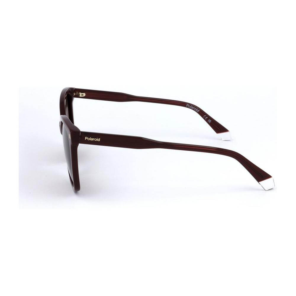 Side view of Polaroid Red Acetate Sunglasses with brown lenses and white temple tips, showing classic 53/20/145 mm measurements.