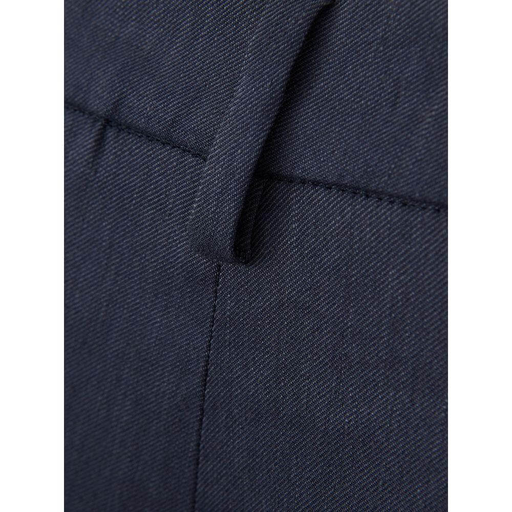 Close-up of Lardini blue linen trousers showcasing fabric detail and craftsmanship.