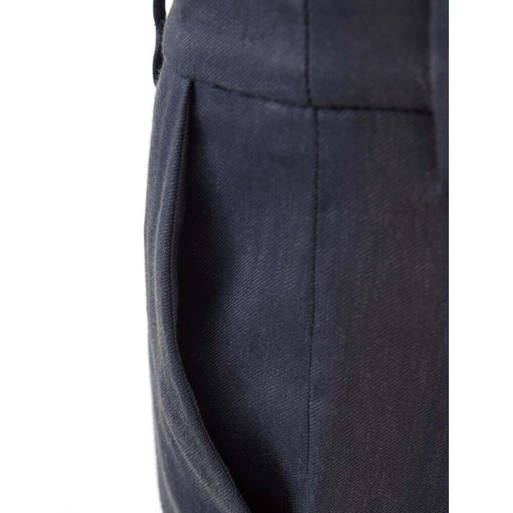 Close-up of Lardini chic blue linen trousers showcasing fine Italian craftsmanship and detail, ideal for a stylish, comfortable look.