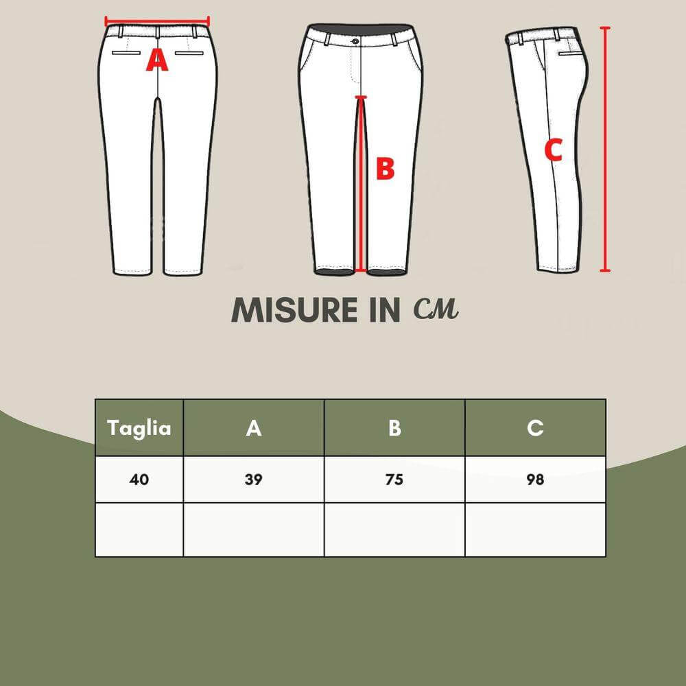 Pants measurement guide showing size 40 with measurements A: 39cm, B: 75cm, C: 98cm in diagram and table format.