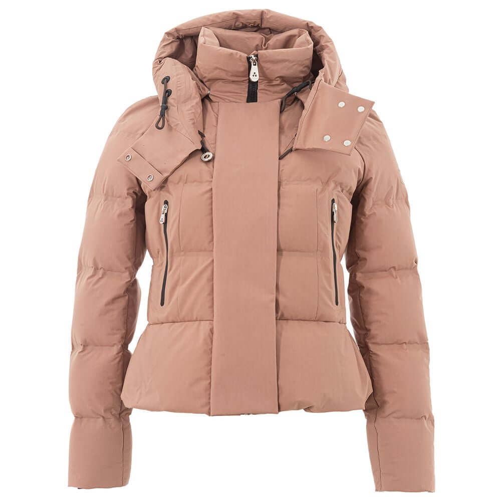 Peuterey pink puffy jacket with high collar, removable hood, and black zipper pockets. Horizontal quilted design. Model: SNOWBIRD.