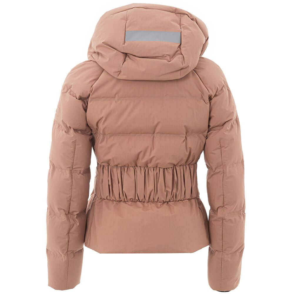 Back view of Peuterey Pink Cotton Puffy Jacket with hood, horizontal quilt, and waist gathers, highlighting the stylish design.
