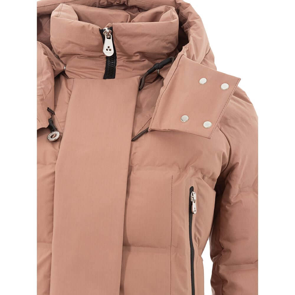 Peuterey Snowbird pink puffy cotton jacket with high collar, removable hood, and black zippered side pockets.