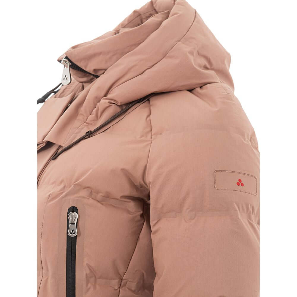 Peuterey pink puffy jacket with horizontal quilting, black zippered pockets, high collar, adjustable hood, and logo on sleeve.