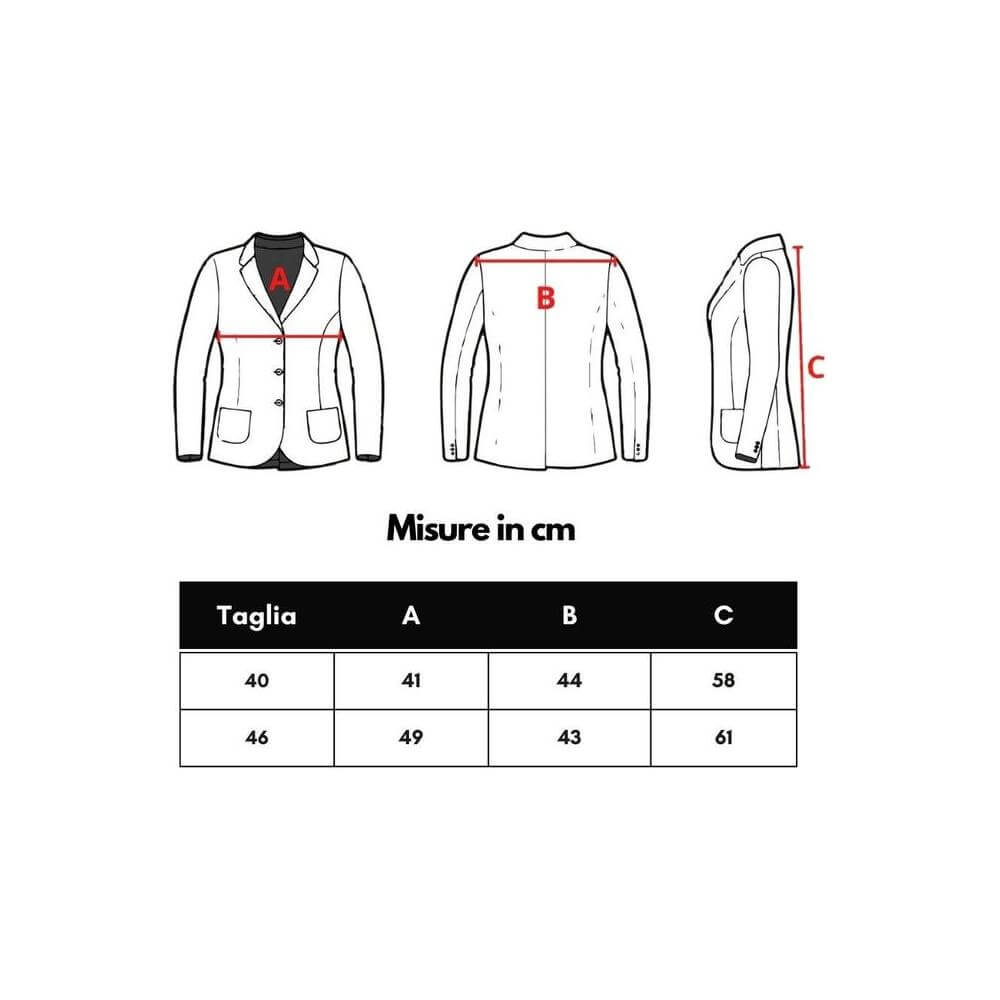 Size chart illustration for jackets showing measurements A, B, C in cm with table for sizes 40 and 46.