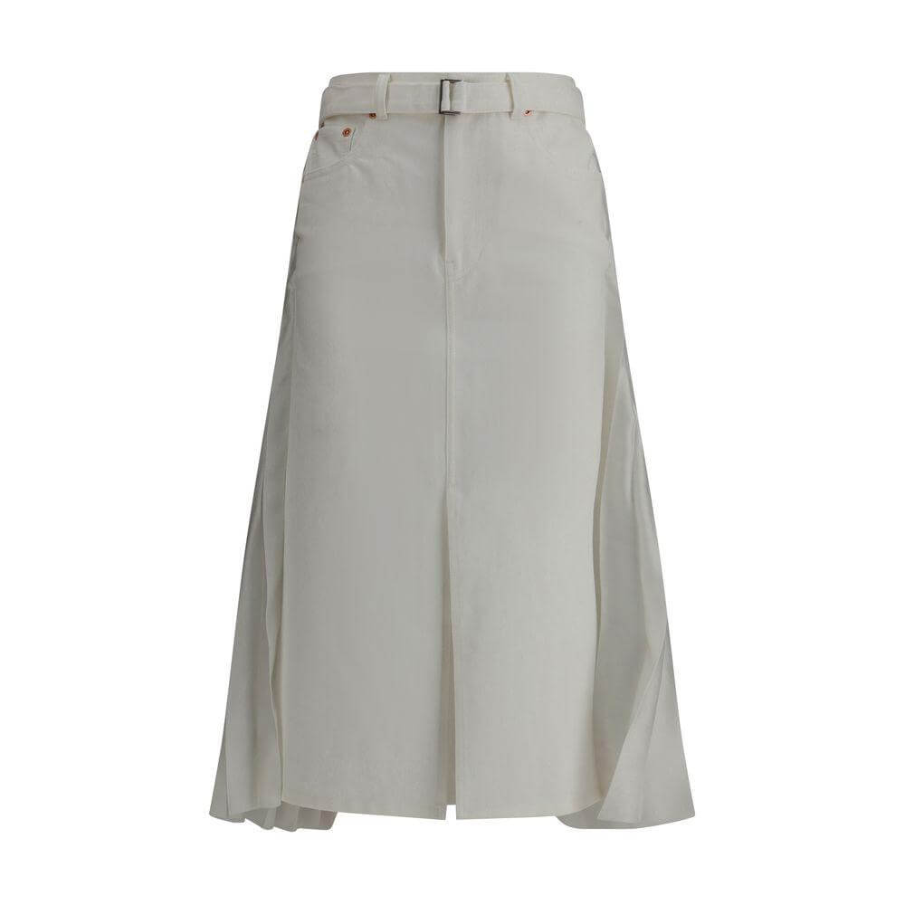 Sacai denim plissè midi skirt with five-pocket design, pleated detail, and adjustable belt, offering a blend of classic and modern styles.