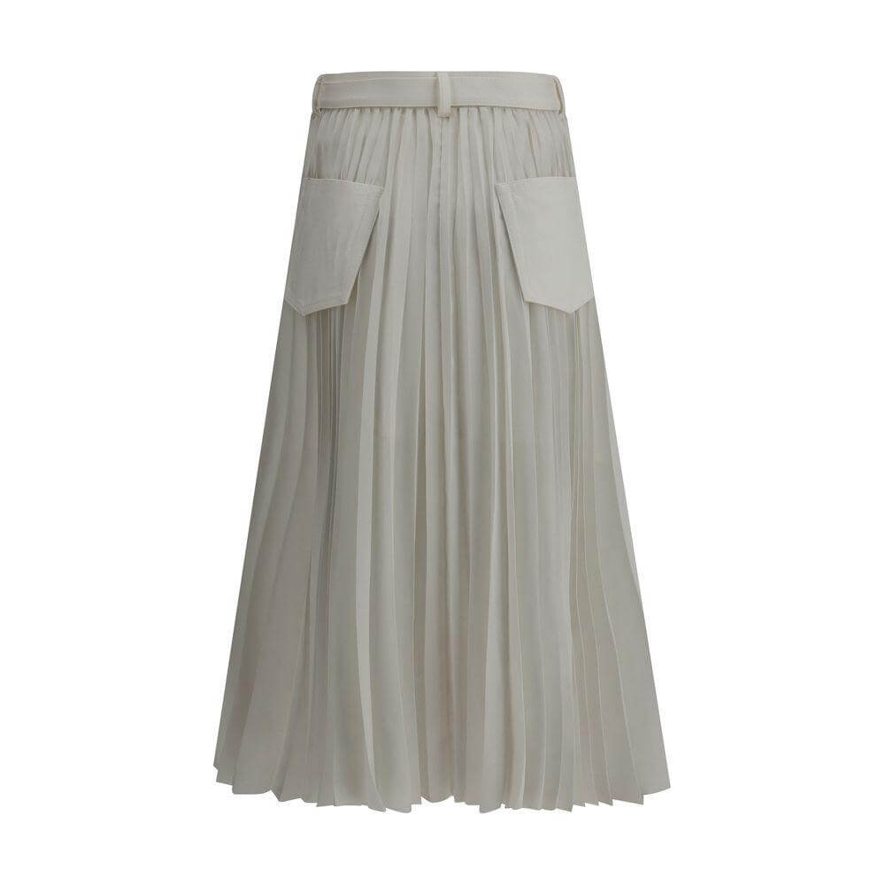 Sacai denim plissè midi skirt with pleated design and five-pocket detail, featuring an adjustable belt for a modern, versatile style.