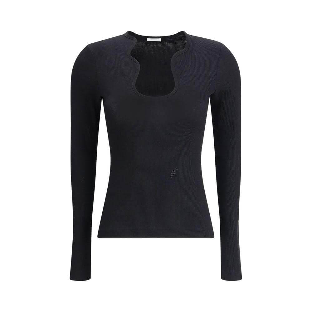 Ferragamo Long Sleeve Top with ribbed design, shaped neckline, and embroidered logo showcasing elegance and comfort.