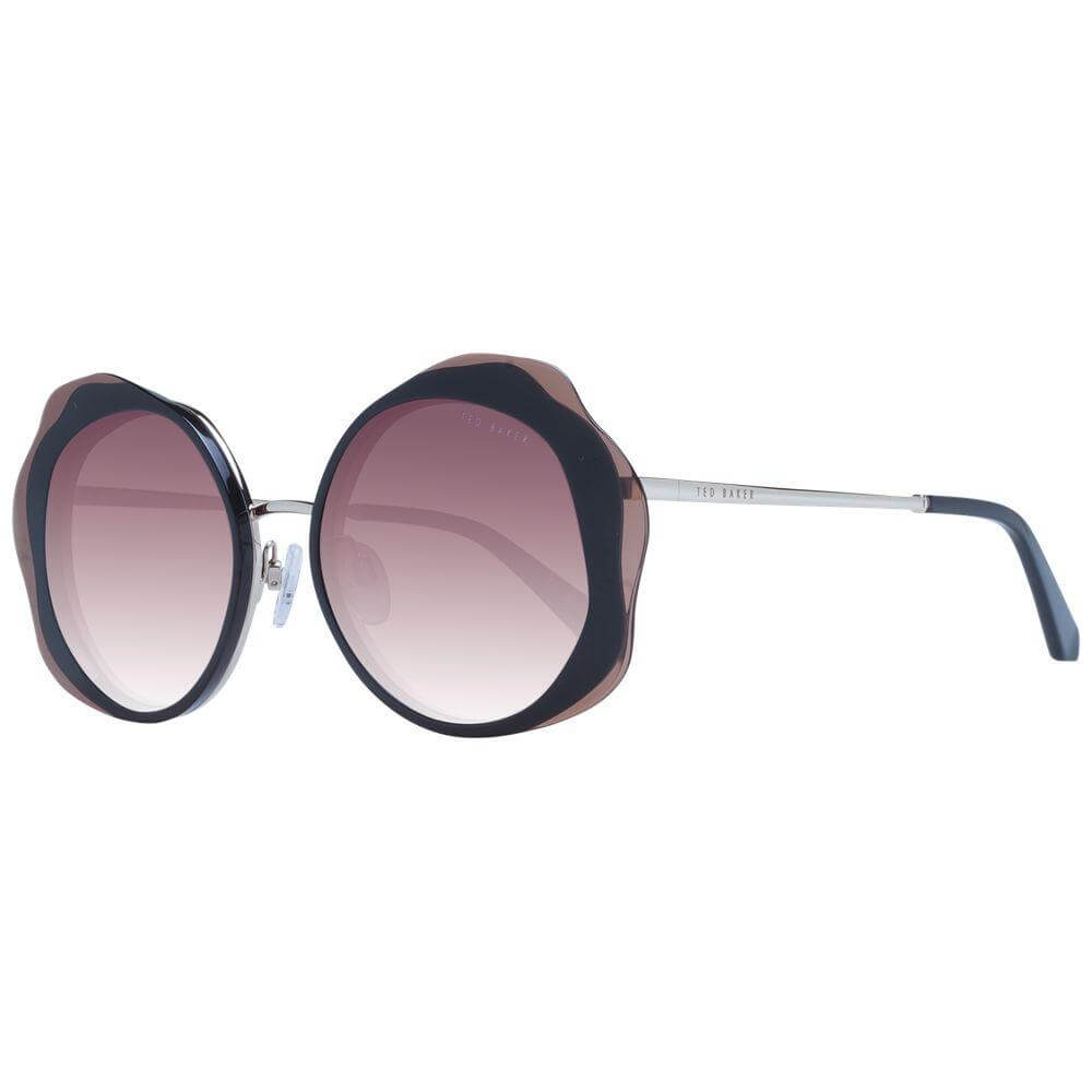 Ted Baker black women sunglasses with round gradient burgundy lenses, black acetate frame, full-rim style, and 100% UVA/UVB protection.