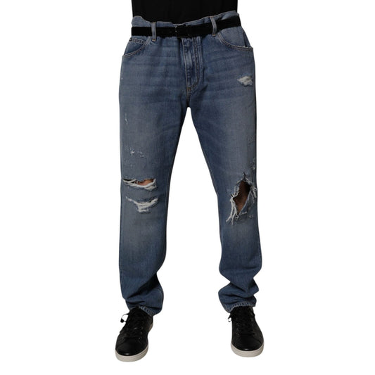 Dolce & Gabbana Blue Tattered Cotton Straight Denim Jeans