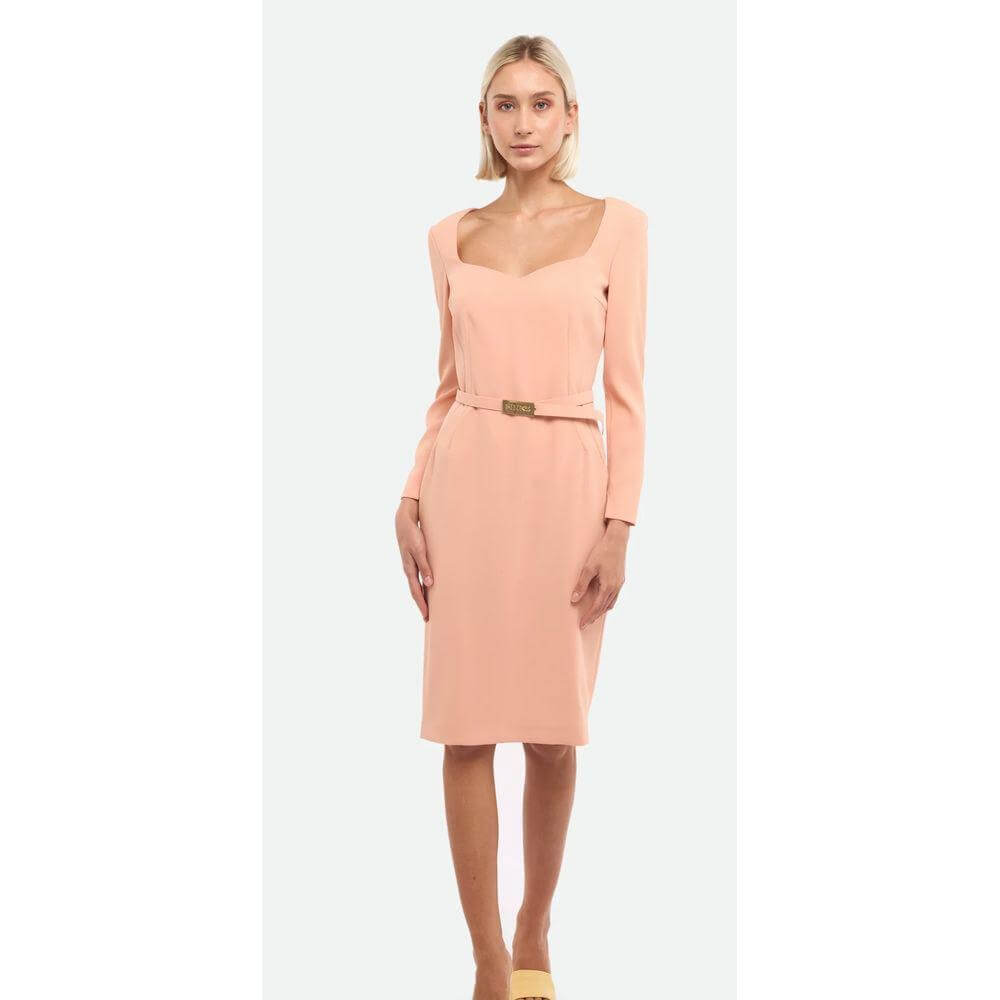 PINKO pink polyester dress with three-quarter sleeves, round neckline, removable logoed belt, and back zipper closure.